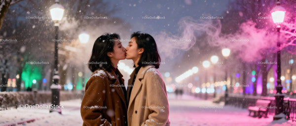Couple sharing a tender kiss on snowy winter street