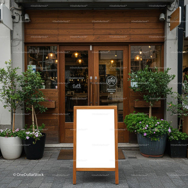 Cozy cafe entrance with fresh plants and wooden details JPG Mockup Image
