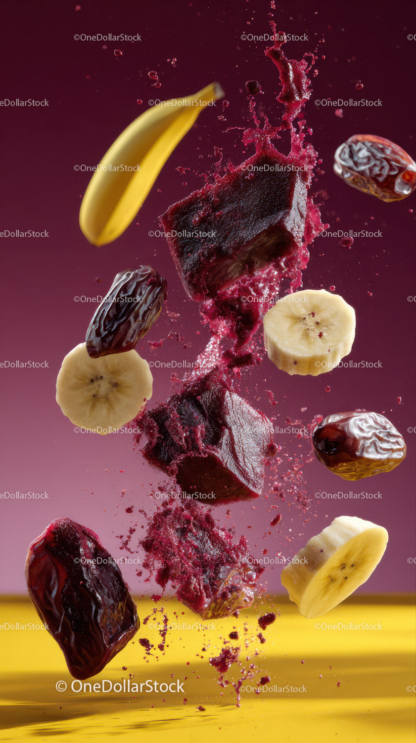 Żywe owoce z plasterkami banana i ruchomymi jagodami