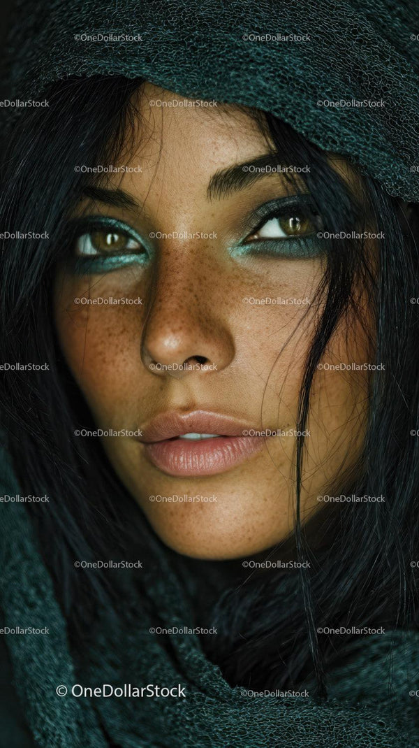 Zbliżenie na kobietę z piegami i smoky eye w kolorze zielono-niebieskim