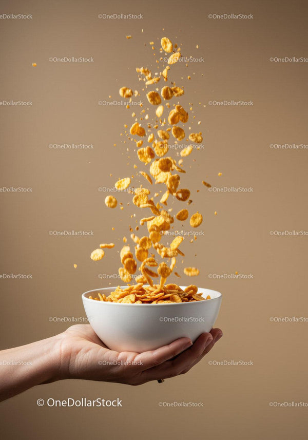 Close-up of Hand Holding Bowl with Flying Cornflakes
