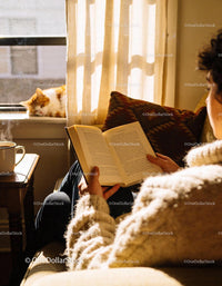 Cozy afternoon reading by a sunlit window with cat
