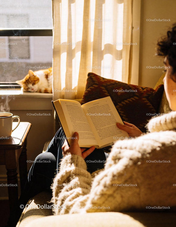 Cozy afternoon reading by a sunlit window with cat