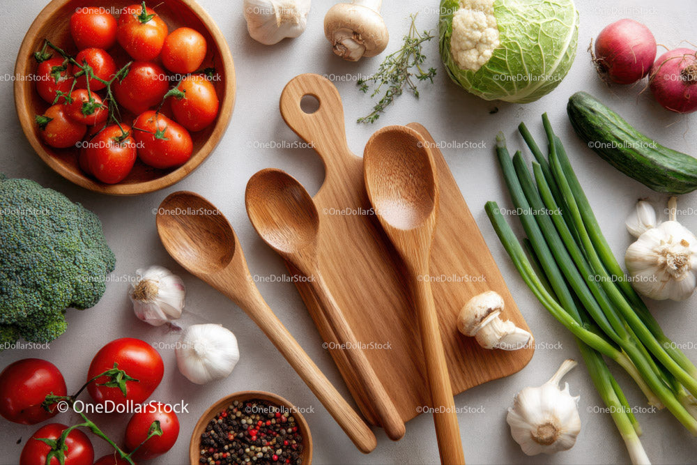 Fresh Vegetables and Kitchen Utensils Flat Lay for Cooking