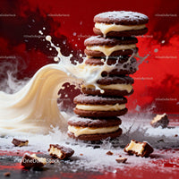 Stack of creamy chocolate sandwich cookies with milk splash