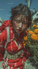 Young Woman in Red Kimono with Wet Hair Among Marigolds