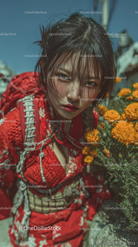 Young Woman in Red Kimono with Wet Hair Among Marigolds
