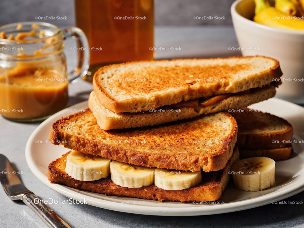 Toasted Cheese Sandwich with Banana Slices on White Plate