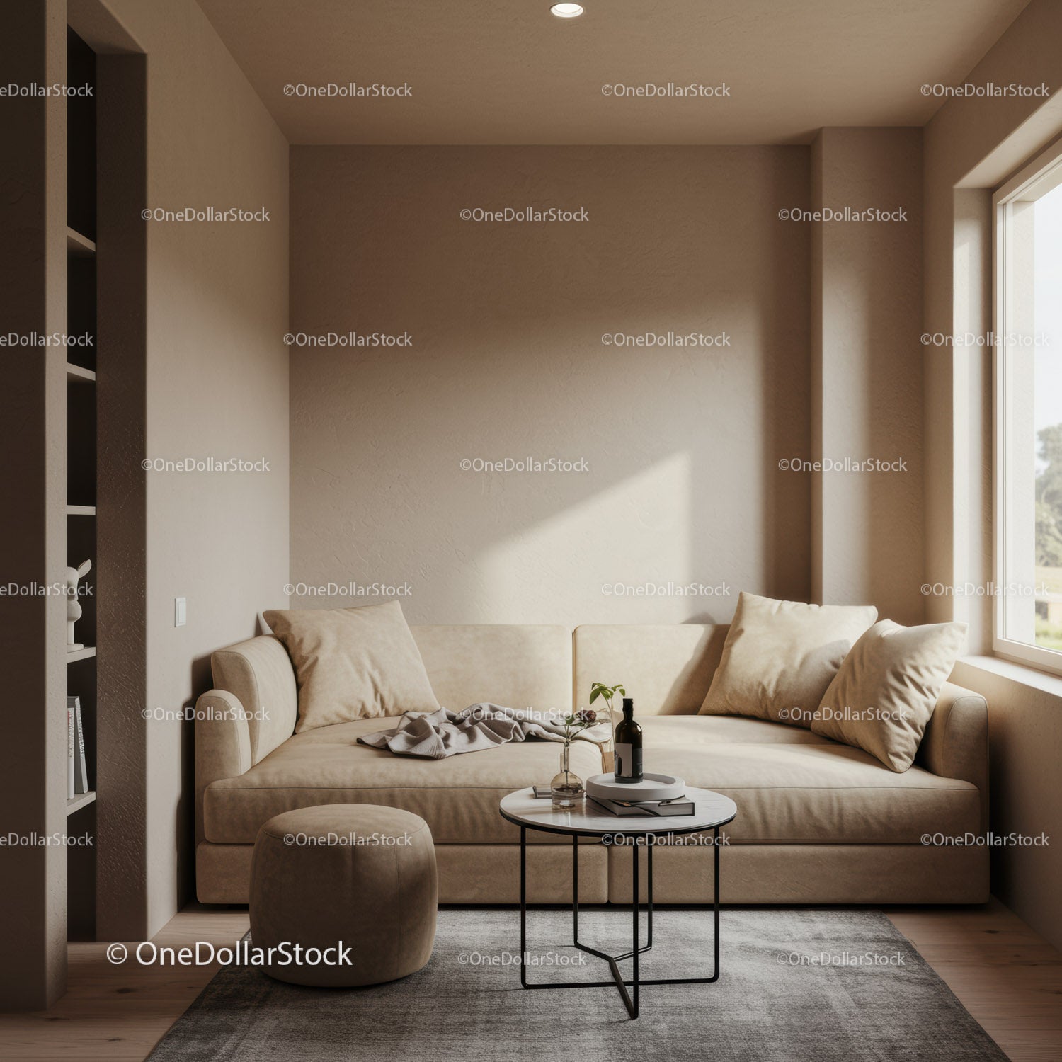 Elegancka beżowa sofa w nowoczesnym salonie z naturalnym światłem