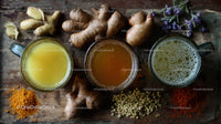Collection of Fresh Ginger Root and Turmeric with Herbal Tea