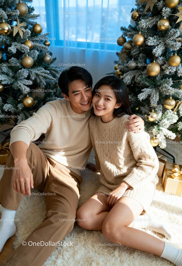 Couple enjoying cozy Christmas moment by decorated trees