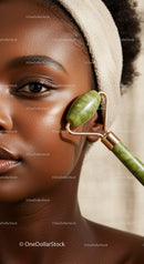 Close-Up of a Woman Using Jade Face Roller for Skincare and Rejuvenation