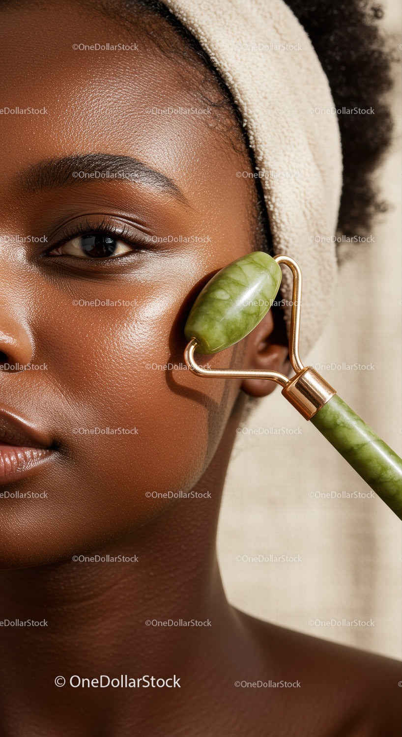 Close-Up of a Woman Using Jade Face Roller for Skincare and Rejuvenation