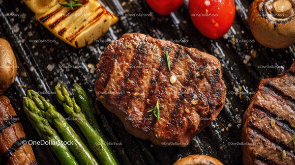 Juicy Grilled Steak with Fresh Tomatoes and Vegetables on Grill