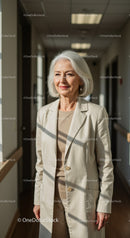 Elegant Senior Woman in Light Corridor Wearing Beige Blazer