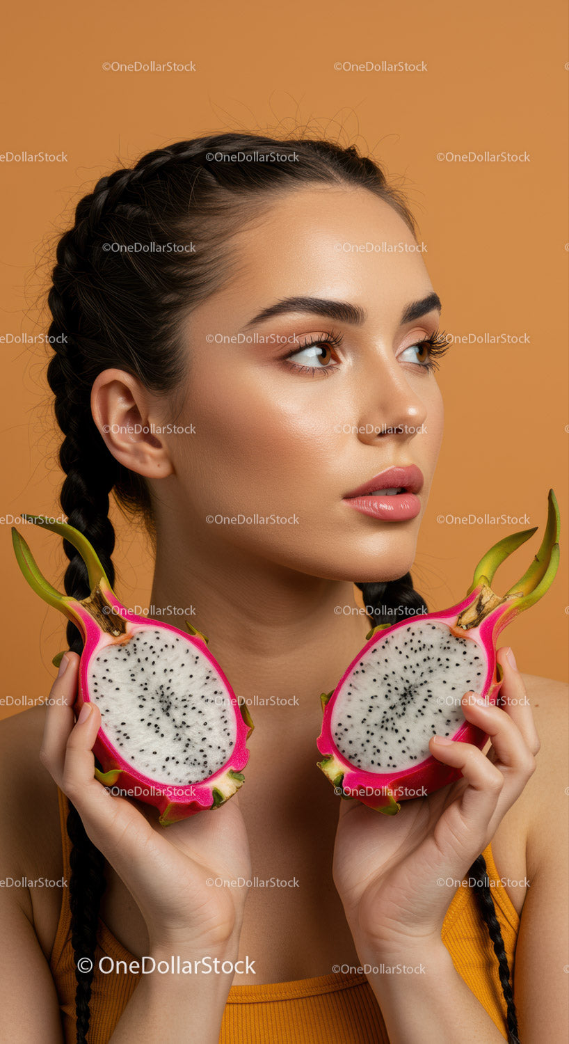 Portrait of Young Woman with Dragon Fruit Slices in a Bright Studio Setting