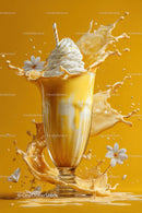 Yellow Orange Milkshake Splash in Glass with Whipped Cream and Straw