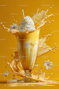 Yellow Orange Milkshake Splash in Glass with Whipped Cream and Straw
