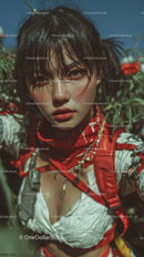 Young Woman with Wet Hair and Piercing Eyes in Nature Setting