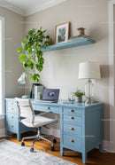 Bright Home Office with Blue Desk and Green Houseplants