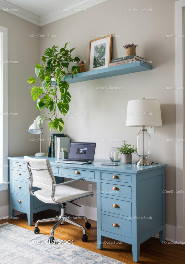 Bright Home Office with Blue Desk and Green Houseplants