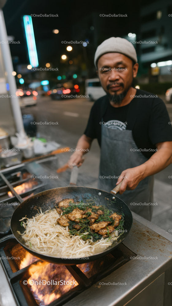Street Food Vendor Cooking Noodles and Herbs in Urban Night Scene