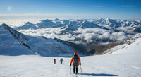 Snowy Mountain Trek with Climbers in High Altitude Alpine Landscape