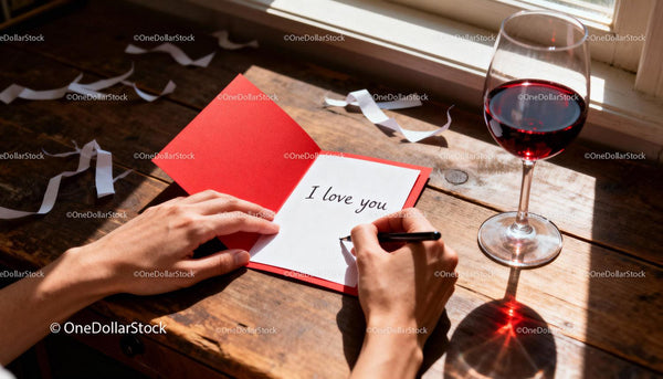 Writing a heartfelt love message on a red card