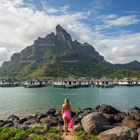 Scenic Overwater Bungalows with Lush Mountain and Woman in Pink Swimsuit