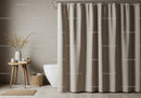 Bathroom with Beige Curtains and Wooden Side Table with Vase