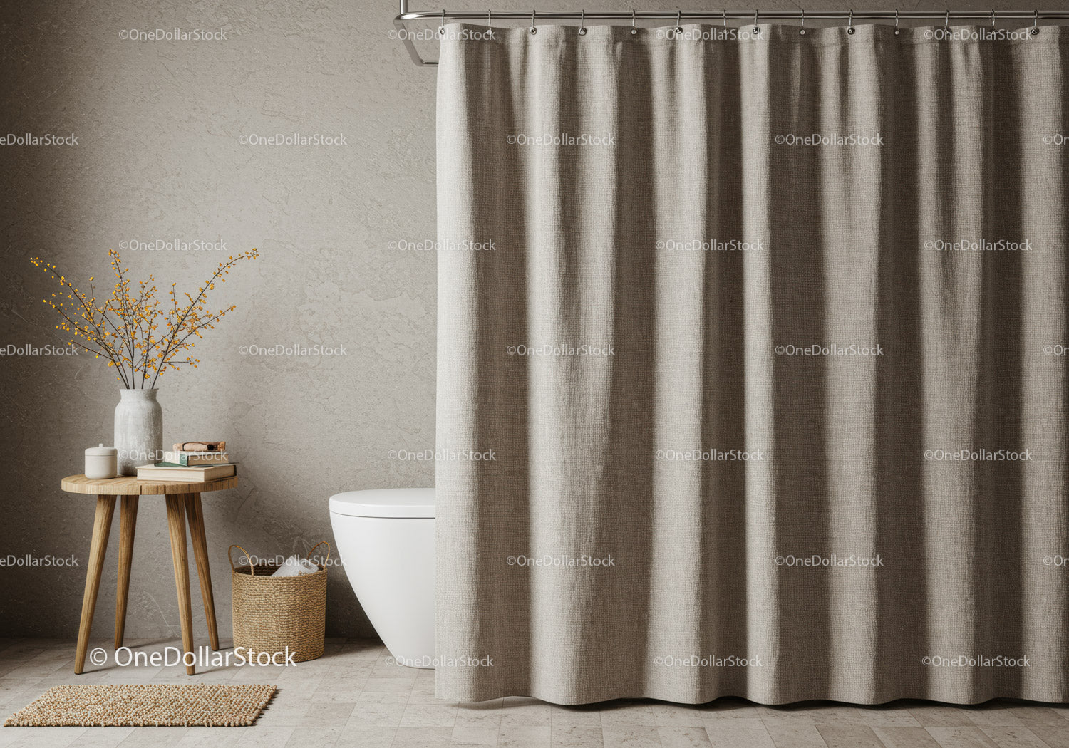 Bathroom with Beige Curtains and Wooden Side Table with Vase