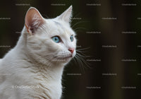 Close up of white cat with striking blue eyes