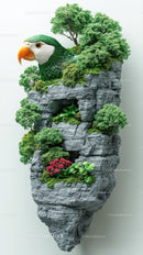 Colorful Parrot Surrounded by Green Trees on Rocky Cliff Landscape