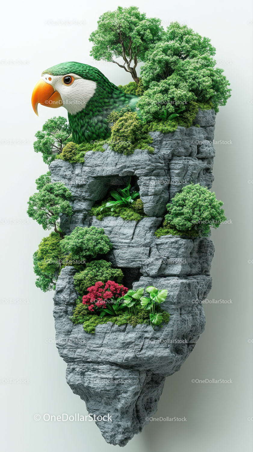 Colorful Parrot Surrounded by Green Trees on Rocky Cliff Landscape