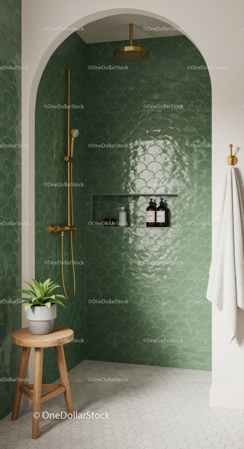 Modern shower with green scallop tiles and gold fixtures