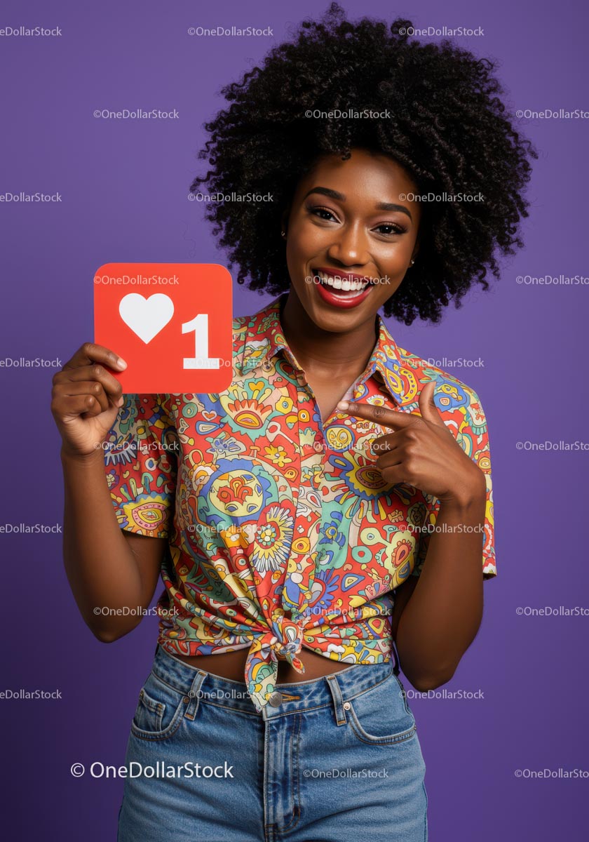 Happy Woman Holding Social Media Icon in Colorful Casual Outfit