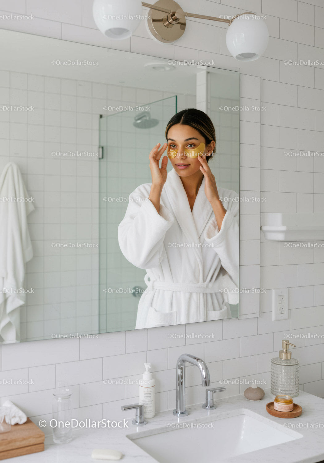 Woman Wearing Gold Facial Mask in Modern Bathroom for Skincare