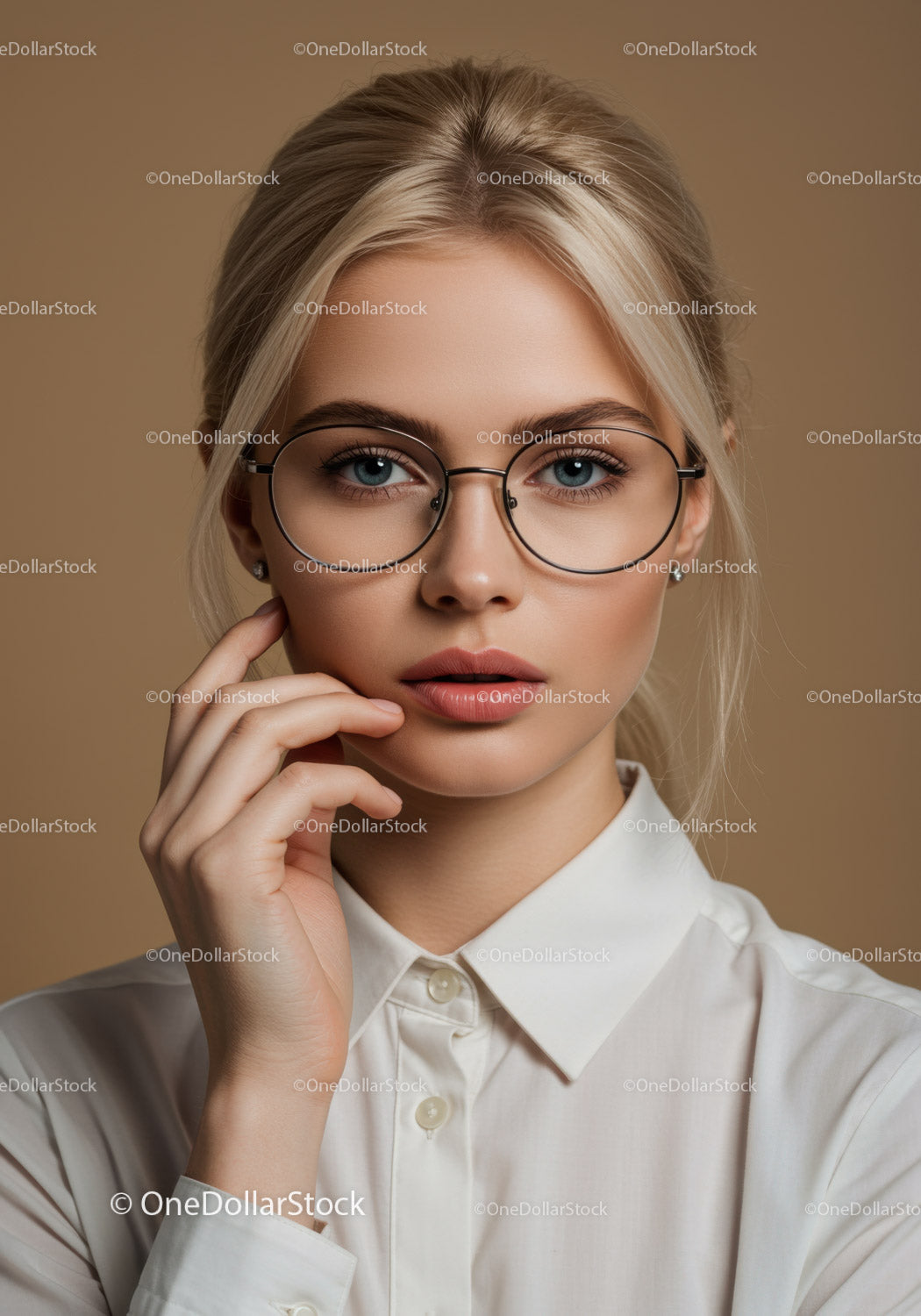Stylowa blondynka w okularach na profesjonalnym portrecie