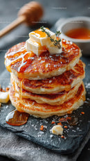 Stack of Golden Brown Pancakes with Butter and Honey Drizzle