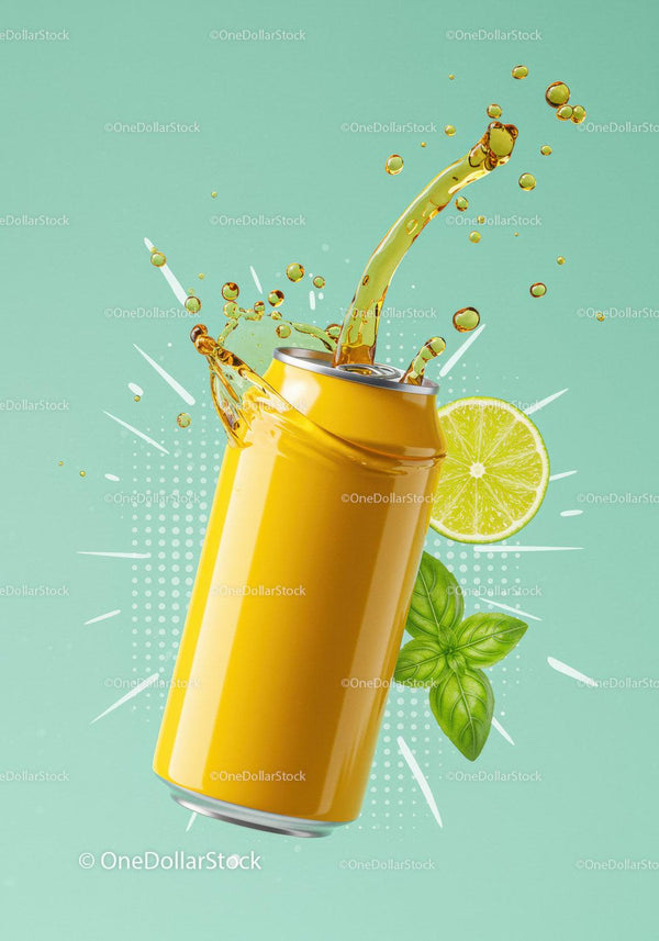 Refreshing lemon basil soda splashing from yellow can JPG Mockup Image