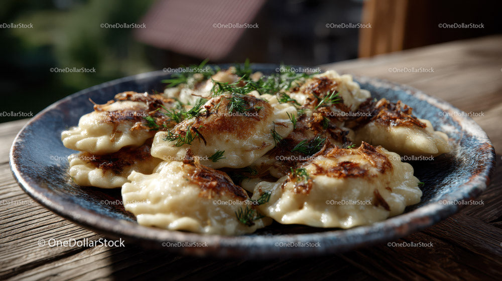 Plate of Traditional Polish Pierogi Garnished with Herbs on Wooden Table