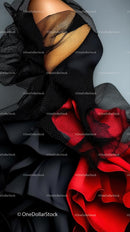 Elegant Black and Red Lingerie with Fishnet Stockings and Sheer Fabric
