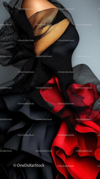 Elegant Black and Red Lingerie with Fishnet Stockings and Sheer Fabric
