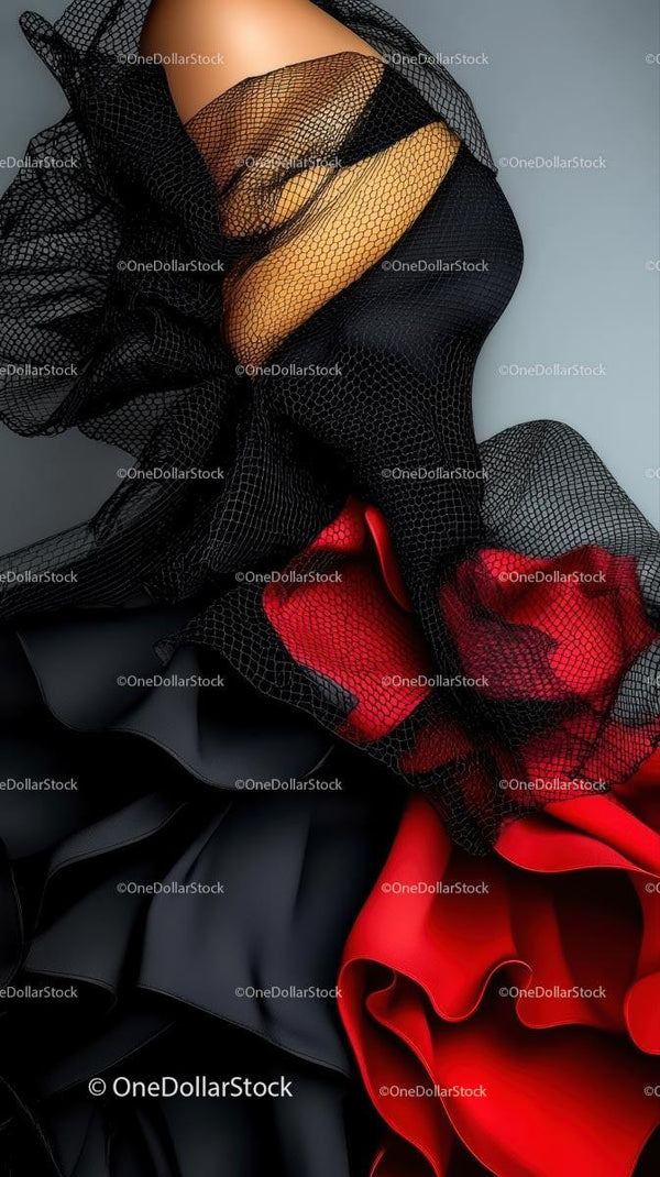 Elegant Black and Red Lingerie with Fishnet Stockings and Sheer Fabric