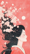 Elegant woman with flowing hair and cherry blossoms under moonlit sky