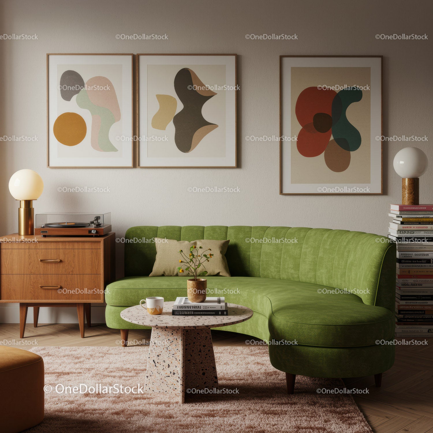 Przytulny salon z zieloną sofą i abstrakcyjną grafiką ścienną