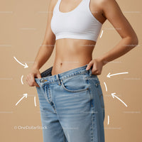 Woman Measuring Waist in Casual Blue Jeans and White Sports Bra