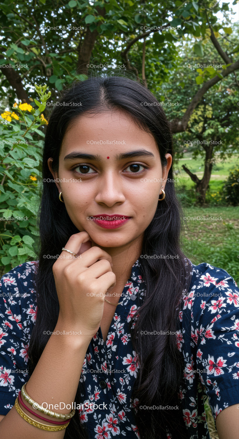 Young Woman Portrait in Garden with Greenery and Flowers