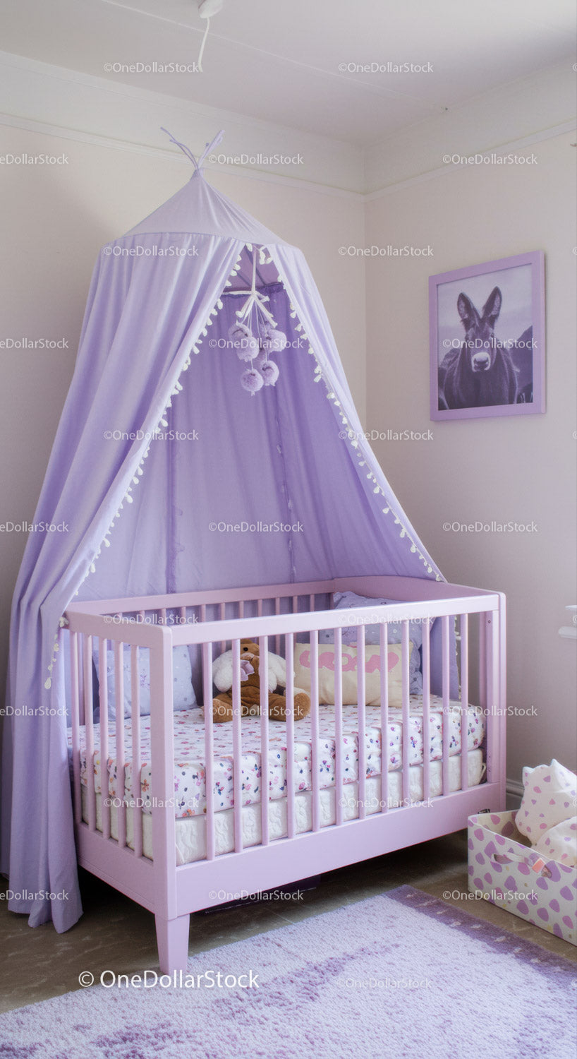 Pink Baby Crib with Canopy Tent in Nursery Room