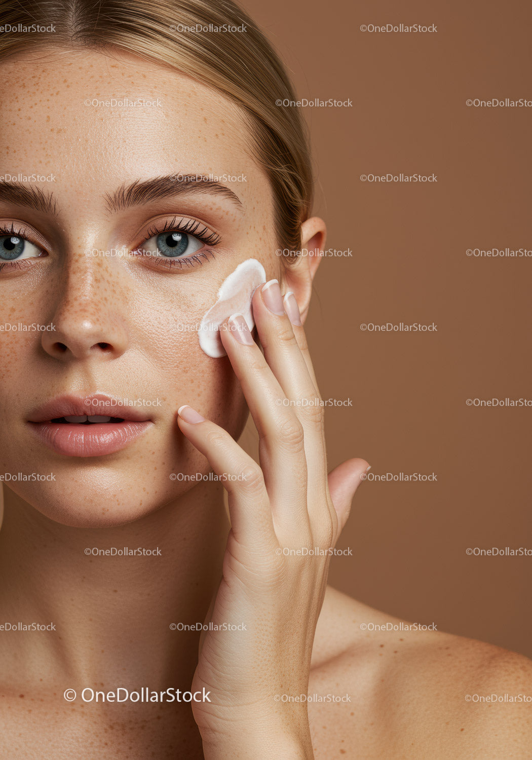 Close-Up of Woman Applying Skincare Cream on Cheek for Natural Beauty
